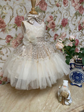 Load image into Gallery viewer, BEIGE &amp; GOLD Sequin &amp; Tulle &quot;ELLA&quot; Baby Girls Party Dress &amp; Headband Set SALE SALE SALE
