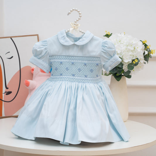 PRE ORDER! DOVE WINTER SKY BLUE GLITTERING FRONT&BACK HAND SMOCKED DRESS PANTIES & HEABAND OR BOWS 3 months Baby &
