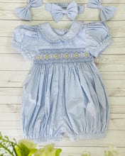 Load image into Gallery viewer, &quot;COCO&quot; BLUE STRIPES Hand-Smocked Cotton Romper &amp; Hair Accessories REDUCED
