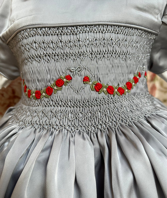 HAZEL SILVER SILK/SATIN🩶FRONT & BACK🧵🪡👑HAND-SMOCKED DRESS, PANTIES & HAIR ACCESSORIES🎀