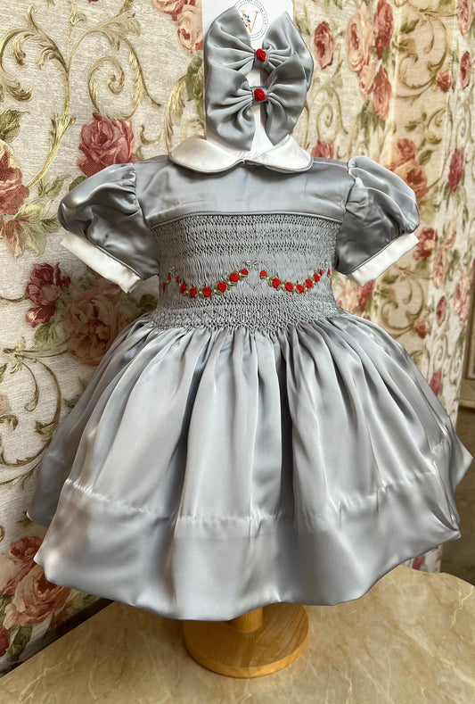 HAZEL SILVER SILK/SATIN🩶FRONT & BACK🧵🪡👑HAND-SMOCKED DRESS PANTIES & HAIR ACCESSORIES🎀 3M Baby & Toddler Dresses