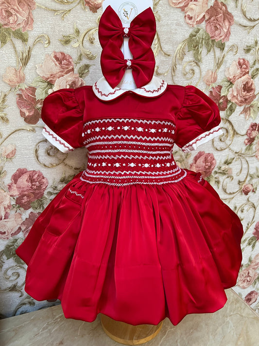 NEW! KATE RED SILK/SATIN FRONT & BACK🧵🪡👑HAND-SMOCKED DRESS PANTIES & HAIR ACCESSORIES🎀 3 months Baby & Toddler Dresses