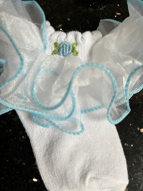 NEW💜HAND -EMBROIDERED Baby Girls Frill White & Blue Cotton Socks