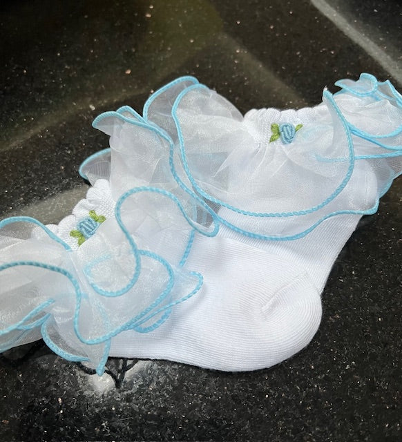 NEW💜HAND -EMBROIDERED Baby Girls Frill White & Blue Cotton Socks