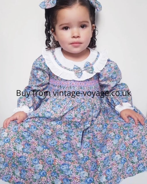 🍁SUZETTE💙Blue Floral Cotton Hand-Smocked Dress & Bows🎀🎀