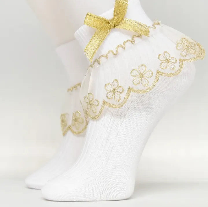 NEW!  Girls Frill White & Gold Cotton Socks