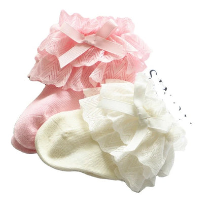 NEW Baby Girls Ivory Cotton, Lace & Bow Socks