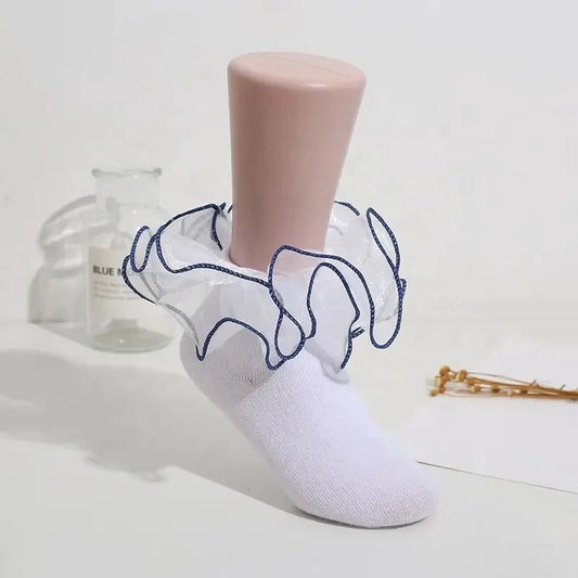 NEW! Baby Girls Frill White & Navy Blue Cotton Socks