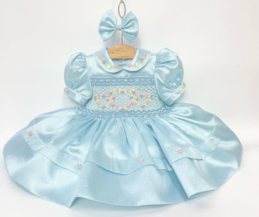 LUNA🤩AQUA/BLUE TAFFETA HAND-SMOCKED🧵🪡DRESS & TWO BOWS🎀ONE SIZES LEFT 5-6Y 5-6 years Baby & Toddler Dresses