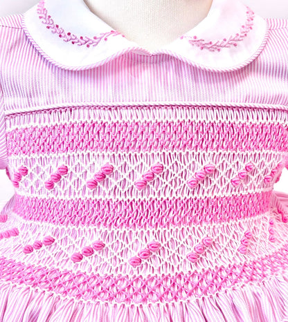 PRE-ORDER❣️NEW! MYLA PINK💞💞PINSTRIPES STRIPES HAND-SMOCKED🧵🪡DRESS,PANTIES & HAIR ACCESSORIES🎀