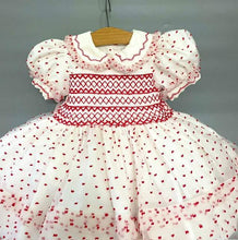 Load image into Gallery viewer, &quot;RUBY&quot; Swiss Dot WHITE &amp; RED Organza Hand-Smocked Dress &amp; Bows 1 LEFT
