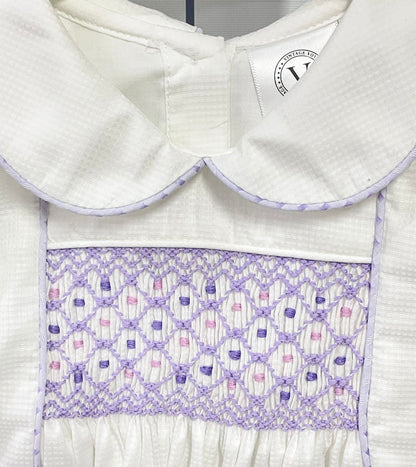 PRE-ORDER&GET NEXT WEEK‼️NEW🤩AUGUST LILAC & WHITE💜HAND-SMOCKED ROMPER SUIT🧵🪡 Baby & Toddler Outfits