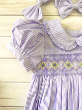 Load image into Gallery viewer, NEW SEASON &quot;COCO&quot; LILAC Hand-Smocked Cotton Romper &amp; Hair Accessories
