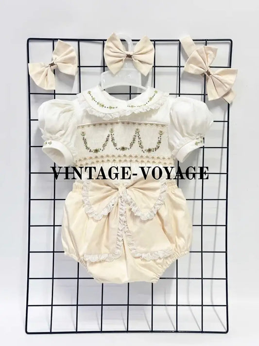 PRE-ORDER & GET IT NEXT WEEK! NEW! ANNA BISCUIT HAND-SMOCKED🧵🪡SHORTS SET AND HAIR BOWS OR HEADBAND 🎀🎀 3M Baby & Toddler