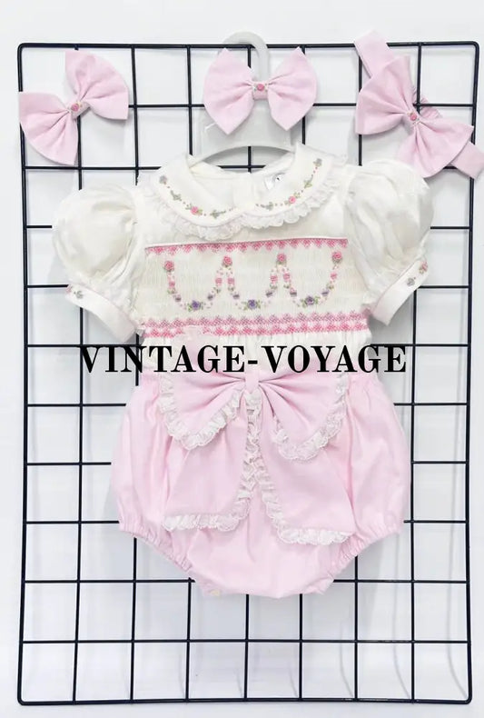 PRE-ORDER & GET IT NEXT WEEK! NEW! ANNA PINK HAND-SMOCKED🧵🪡SHORTS SET AND HAIR BOWS OR HEADBAND 🎀🎀 3M Baby & Toddler