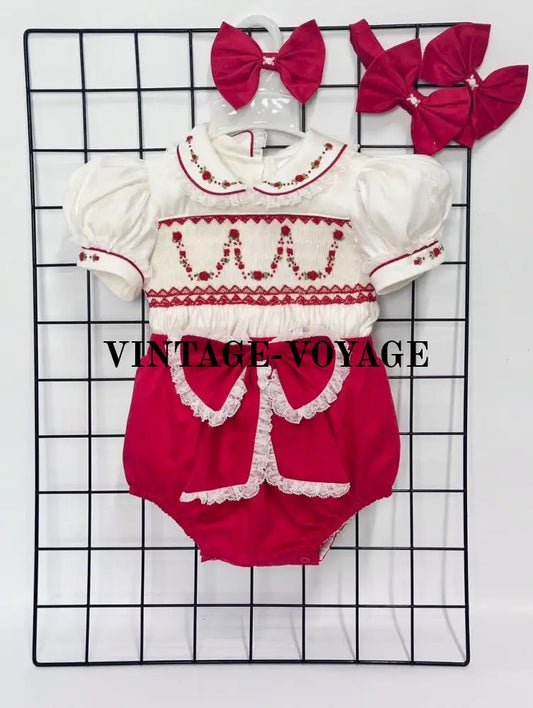 PRE-ORDER & GET IT NEXT WEEK! NEW! ANNA RED HAND-SMOCKED🧵🪡SHORTS SET AND HAIR BOWS OR HEADBAND 🎀🎀 3M Baby & Toddler