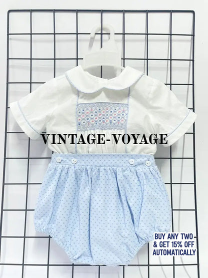 PRE-ORDER&GET NEXT WEEK‼️NEW🤩AUGUST BLUE & WHITE🩵HAND-SMOCKED ROMPER SUIT🧵🪡 NB Baby & Toddler Outfits
