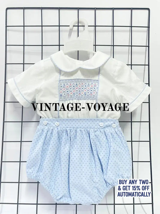 PRE-ORDER&GET NEXT WEEK‼️NEW🤩AUGUST BLUE & WHITE🩵HAND-SMOCKED ROMPER SUIT🧵🪡 NB Baby & Toddler Outfits