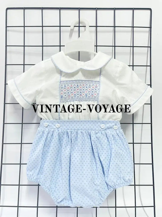 PRE-ORDER&GET NEXT WEEK‼️NEW🤩AUGUST BLUE & WHITE🩵HAND-SMOCKED ROMPER SUIT🧵🪡 NB Baby & Toddler Outfits