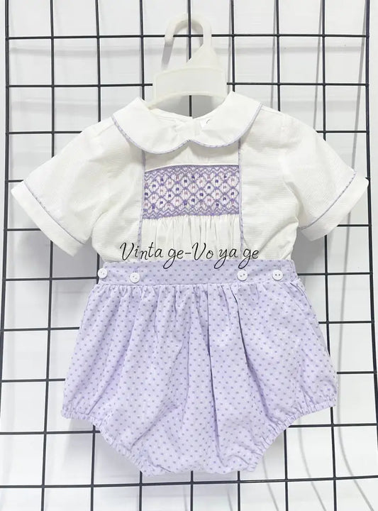 PRE-ORDER&GET NEXT WEEK‼️NEW🤩AUGUST LILAC & WHITE💜HAND-SMOCKED ROMPER SUIT🧵🪡 NB Baby & Toddler Outfits