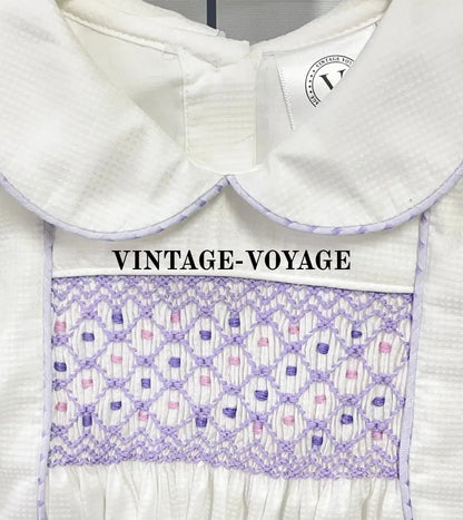 PRE-ORDER&GET NEXT WEEK‼️NEW🤩AUGUST LILAC & WHITE💜HAND-SMOCKED ROMPER SUIT🧵🪡 Baby & Toddler Outfits