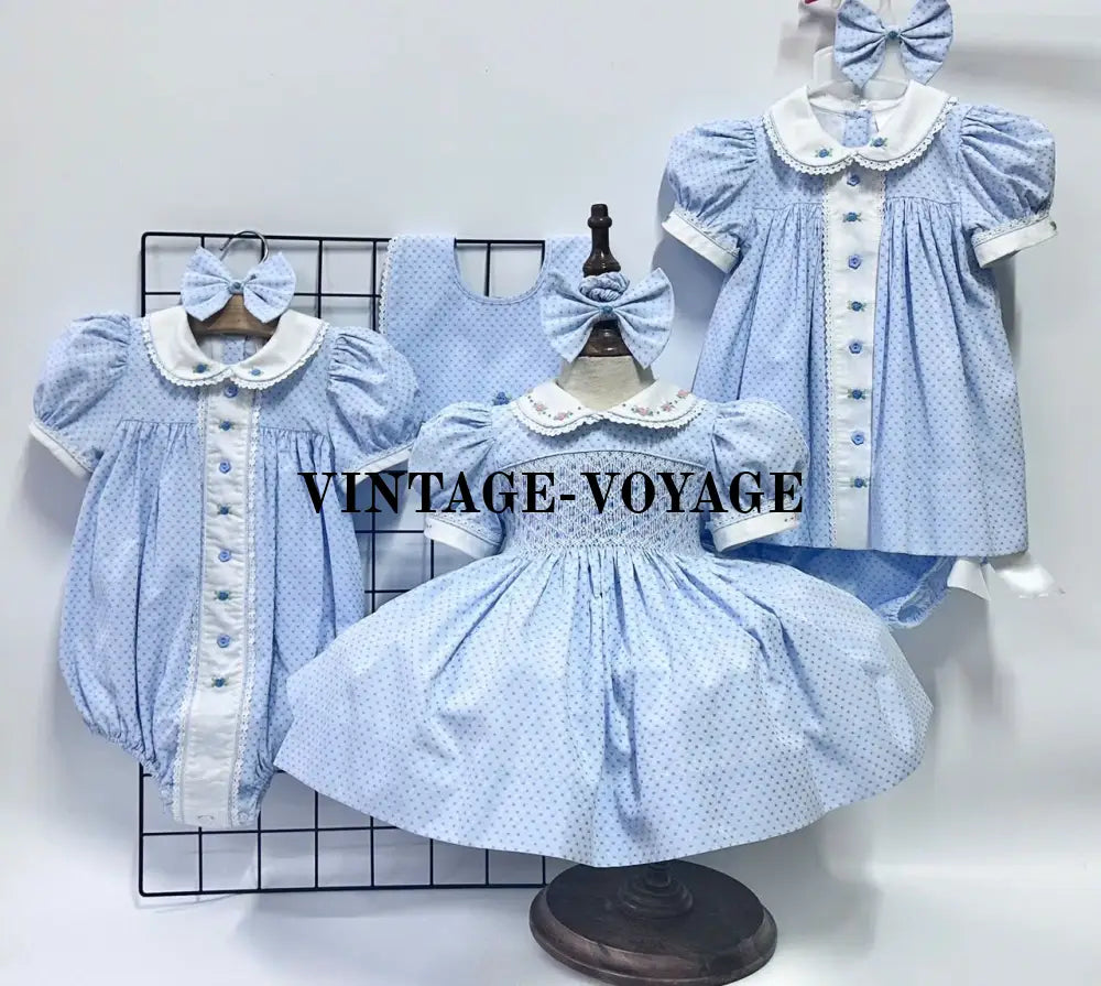 PRE-ORDER NOW & GET IT NEXT WEEK‼️NEW SEASON🍁AUGUSTA BLUE🌸HAND-EMBROODERED🧵🪡DAY DRESS BLOOMERS & HAIR ACCESSORIES🎀🎀