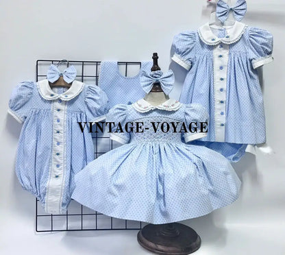 PRE-ORDER NOW & GET IT NEXT WEEK‼️NEW SEASON🍁AUGUSTA BLUE🌸HAND-EMBROODERED🧵🪡DAY DRESS BLOOMERS & HAIR ACCESSORIES🎀🎀