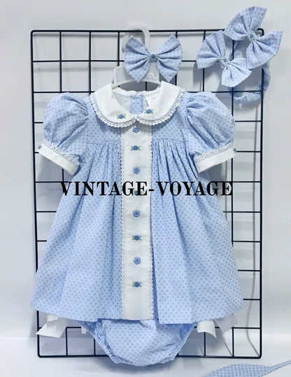 PRE-ORDER NOW & GET IT NEXT WEEK‼️NEW SEASON🍁AUGUSTA BLUE🌸HAND-EMBROODERED🧵🪡DAY DRESS BLOOMERS & HAIR ACCESSORIES🎀🎀