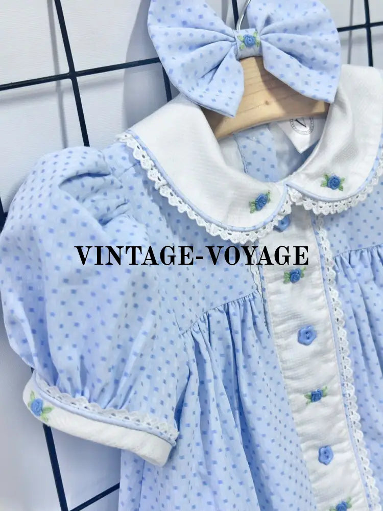 PRE-ORDER NOW & GET IT NEXT WEEK‼️NEW SEASON🍁AUGUSTA BLUE🌸HAND-EMBROODERED🧵🪡DAY DRESS BLOOMERS & HAIR ACCESSORIES🎀🎀