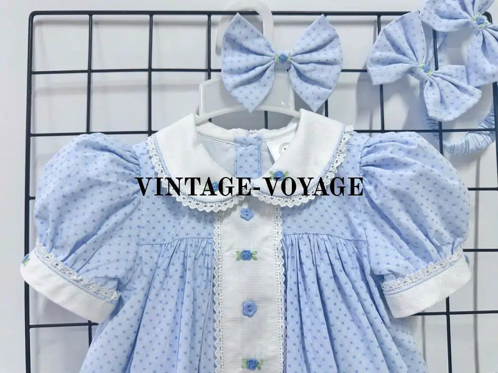 PRE-ORDER NOW & GET IT NEXT WEEK‼️NEW SEASON🍁AUGUSTA BLUE🌸HAND-EMBROODERED🧵🪡DAY DRESS BLOOMERS & HAIR ACCESSORIES🎀🎀