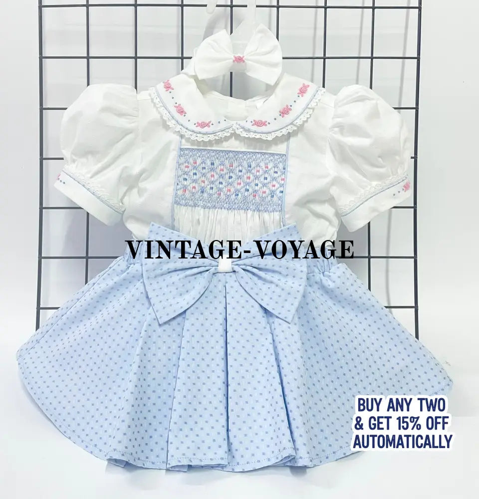 PRE-ORDER&GET NEXT WEEK‼️NEW🤩AUGUSTA BLUE🩵HAND-SMOCKED🧵🪡SKIRT SET AND HAIR BOWS OR HEADBAND 🎀🎀 NB Baby & Toddler Outfits