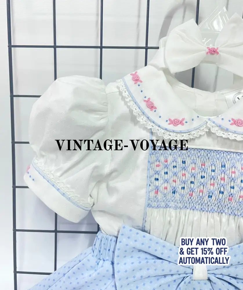 PRE-ORDER&GET NEXT WEEK‼️NEW🤩AUGUSTA BLUE🩵HAND-SMOCKED🧵🪡SKIRT SET AND HAIR BOWS OR HEADBAND 🎀🎀 Baby & Toddler Outfits