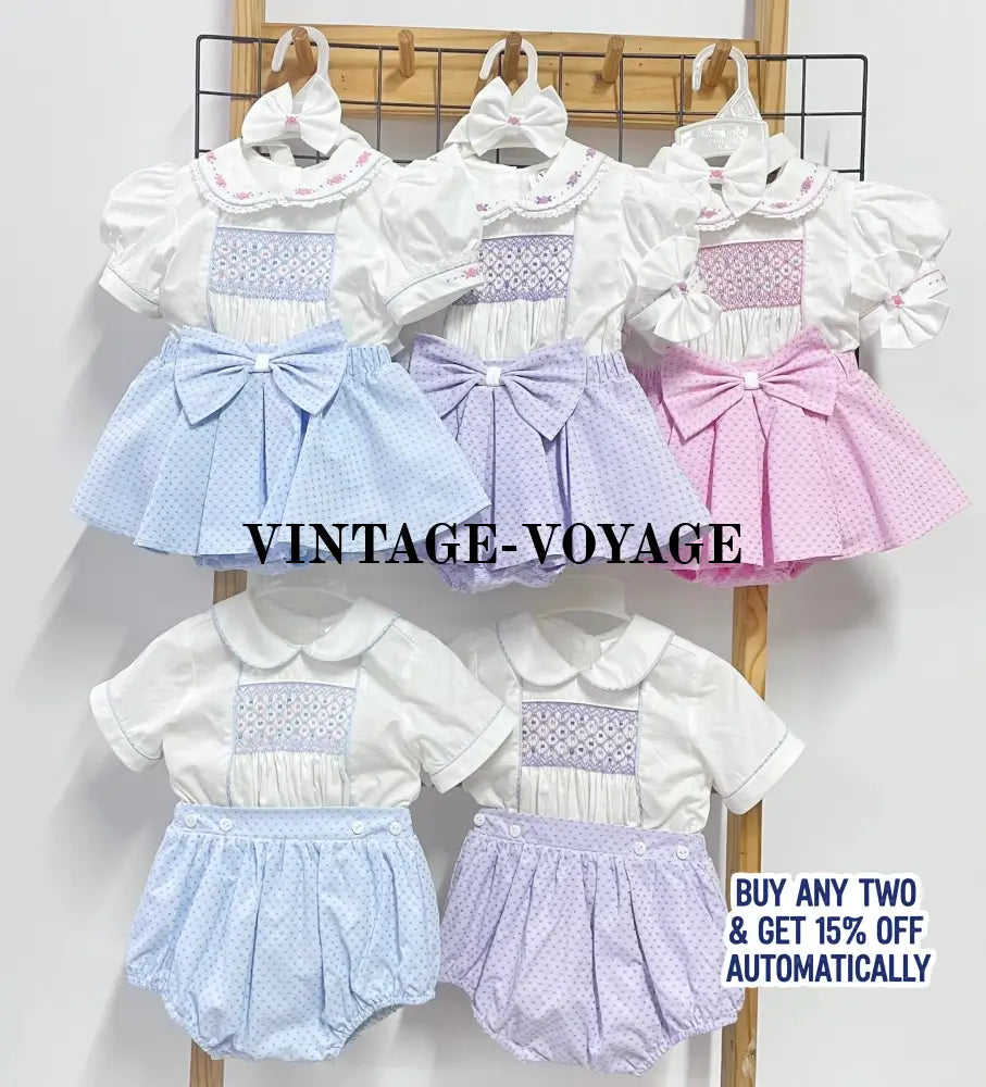 PRE-ORDER&GET NEXT WEEK‼️NEW🤩AUGUSTA BLUE🩵HAND-SMOCKED🧵🪡SKIRT SET AND HAIR BOWS OR HEADBAND 🎀🎀 Baby & Toddler Outfits