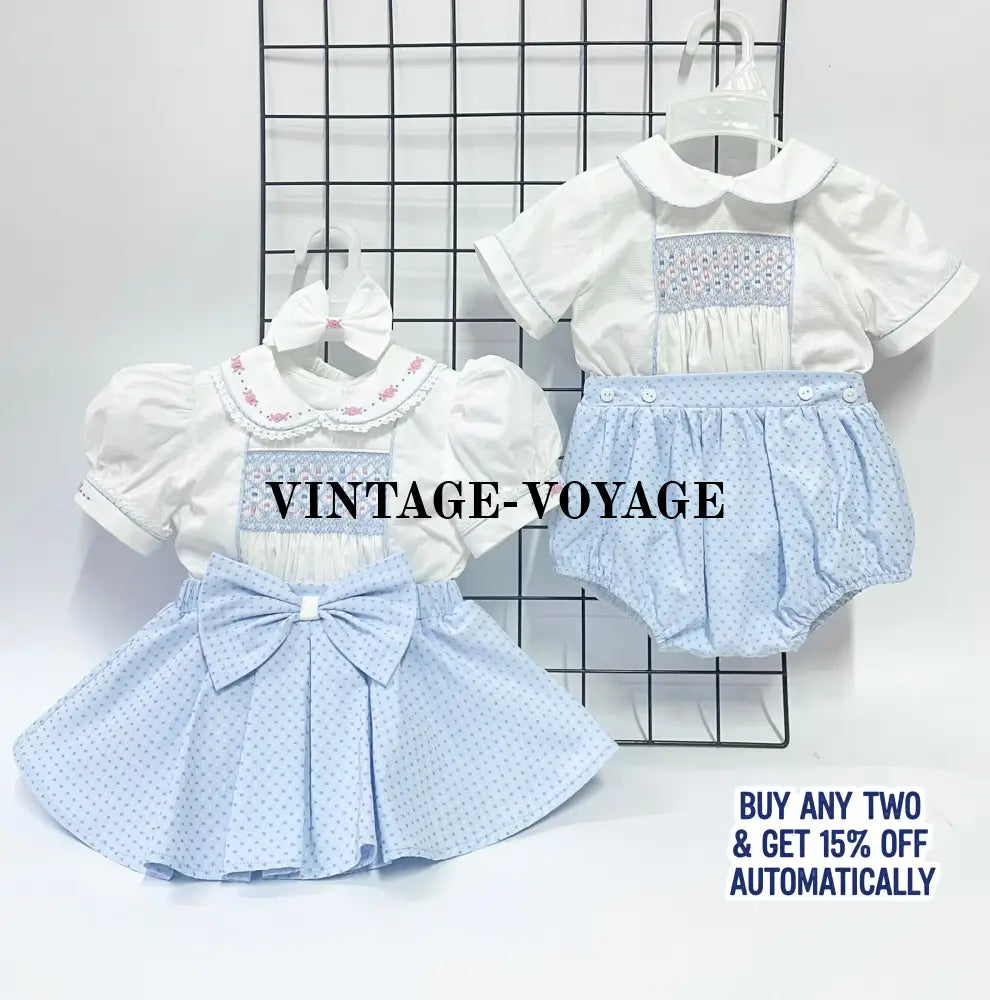 PRE-ORDER&GET NEXT WEEK‼️NEW🤩AUGUSTA BLUE🩵HAND-SMOCKED🧵🪡SKIRT SET AND HAIR BOWS OR HEADBAND 🎀🎀 Baby & Toddler Outfits