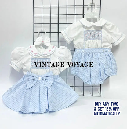 PRE-ORDER&GET NEXT WEEK‼️NEW🤩AUGUSTA BLUE🩵HAND-SMOCKED🧵🪡SKIRT SET AND HAIR BOWS OR HEADBAND 🎀🎀 Baby & Toddler Outfits