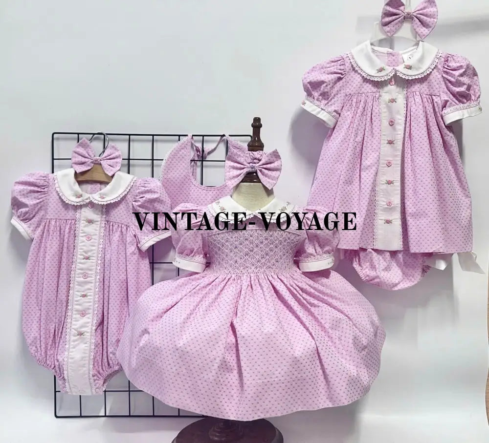 PRE-ORDER&GET NEXT WEEK! NEW SEASON AUGUSTA PINK HAND-EMBROIDERED 🧵🪡ROMPER BIB & HAIR BOWS OR HEADBAND 🎀🎀 Baby &