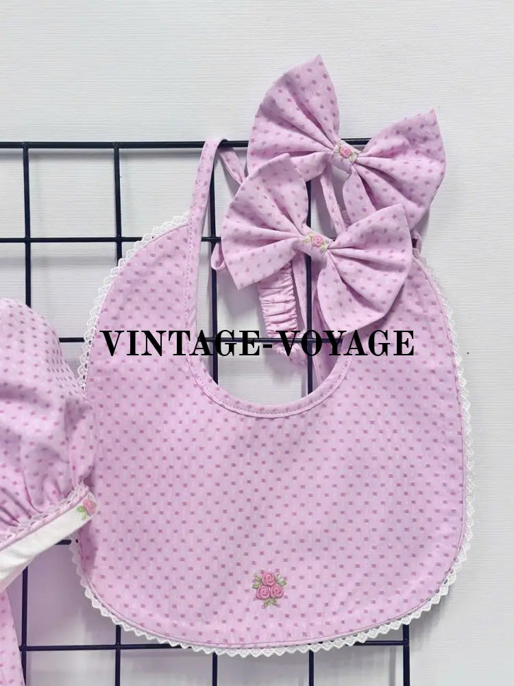 PRE-ORDER&GET NEXT WEEK! NEW SEASON AUGUSTA PINK HAND-EMBROIDERED 🧵🪡ROMPER BIB & HAIR BOWS OR HEADBAND 🎀🎀 Baby &