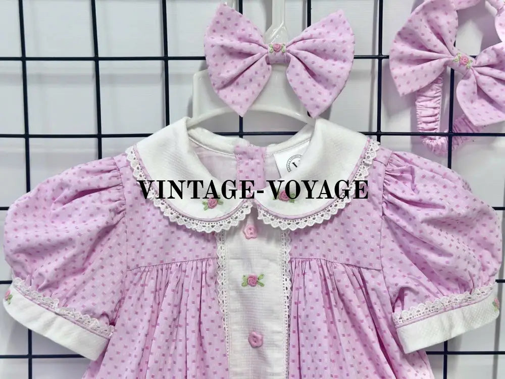 PRE-ORDER&GET NEXT WEEK! NEW SEASON AUGUSTA PINK HAND-EMBROIDERED 🧵🪡ROMPER BIB & HAIR BOWS OR HEADBAND 🎀🎀 Baby &