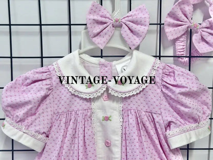 PRE-ORDER&GET NEXT WEEK! NEW SEASON AUGUSTA PINK HAND-EMBROIDERED 🧵🪡ROMPER BIB & HAIR BOWS OR HEADBAND 🎀🎀 Baby &