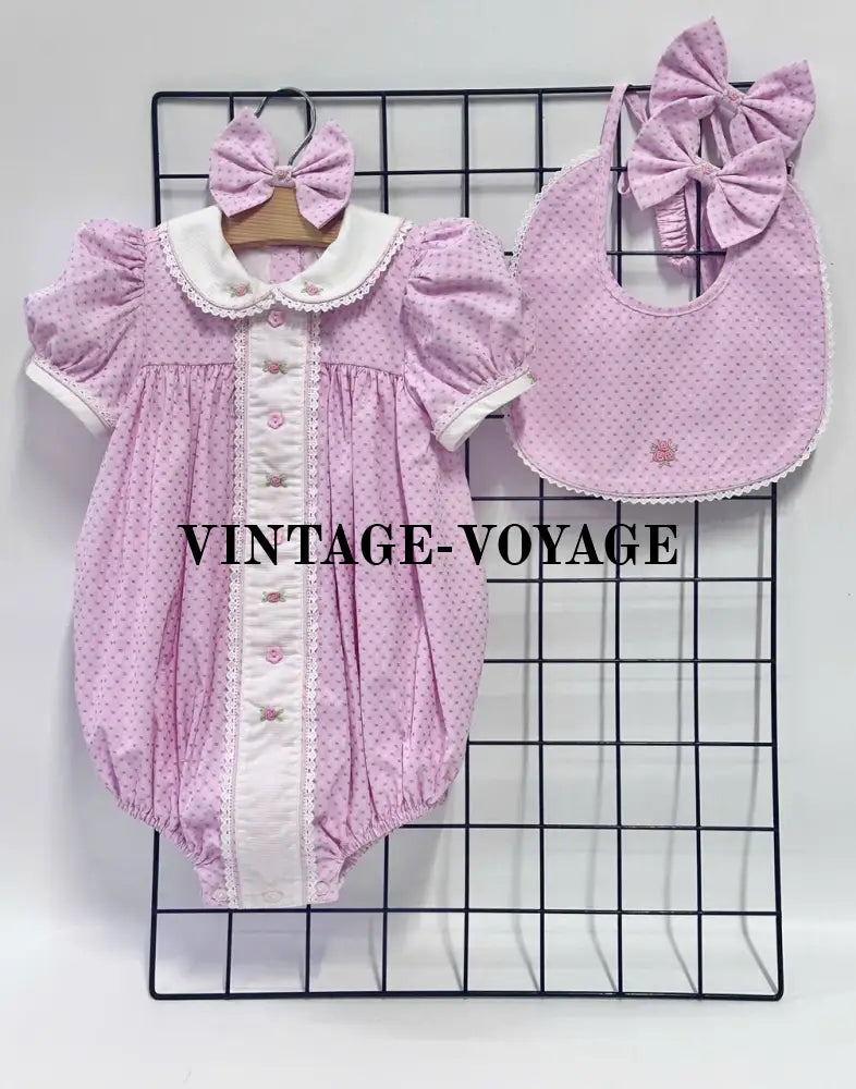PRE-ORDER&GET NEXT WEEK! NEW SEASON AUGUSTA PINK HAND-EMBROIDERED 🧵🪡ROMPER BIB & HAIR BOWS OR HEADBAND 🎀🎀 NB-1M Baby &