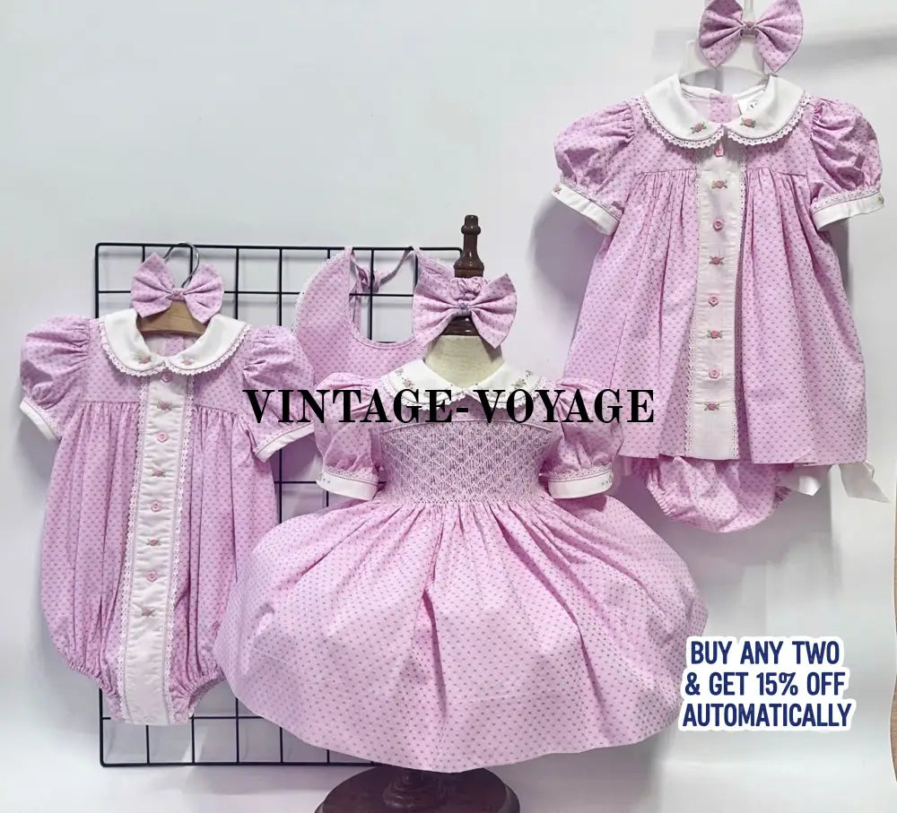 PRE-ORDER NOW & GET IT NEXT WEEK! NEW SEASON! AUGUSTA PINK HAND-EMBROODERED🧵🪡DAY DRESS BLOOMERS & HAIR ACCESSORIES🎀🎀