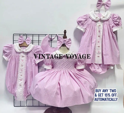PRE-ORDER NOW & GET IT NEXT WEEK! NEW SEASON! AUGUSTA PINK HAND-EMBROODERED🧵🪡DAY DRESS BLOOMERS & HAIR ACCESSORIES🎀🎀