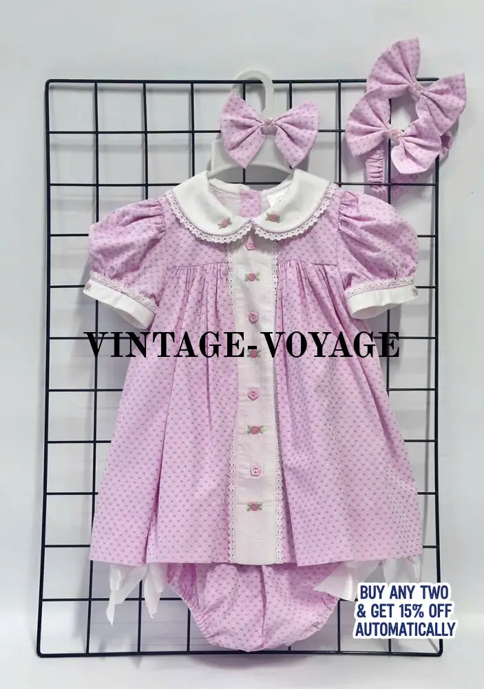 PRE-ORDER NOW & GET IT NEXT WEEK! NEW SEASON! AUGUSTA PINK HAND-EMBROODERED🧵🪡DAY DRESS BLOOMERS & HAIR ACCESSORIES🎀🎀