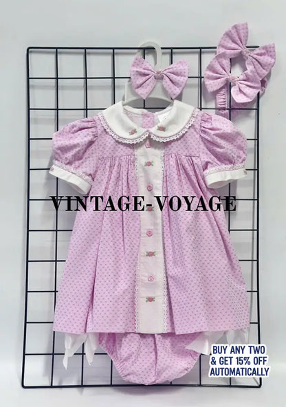 PRE-ORDER NOW & GET IT NEXT WEEK! NEW SEASON! AUGUSTA PINK HAND-EMBROODERED🧵🪡DAY DRESS BLOOMERS & HAIR ACCESSORIES🎀🎀