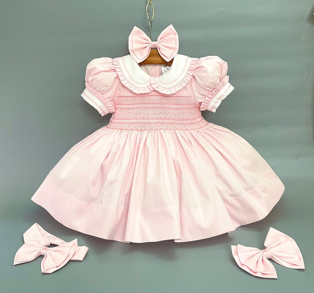 NEW SEASON MARGO PINK Cotton Mix Hand-Smocked Dress & Hair Accessori