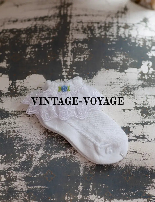 Baby Girls Hand-Embroidered White & Blue Lace Cotton Socks Baby & Toddler Socks