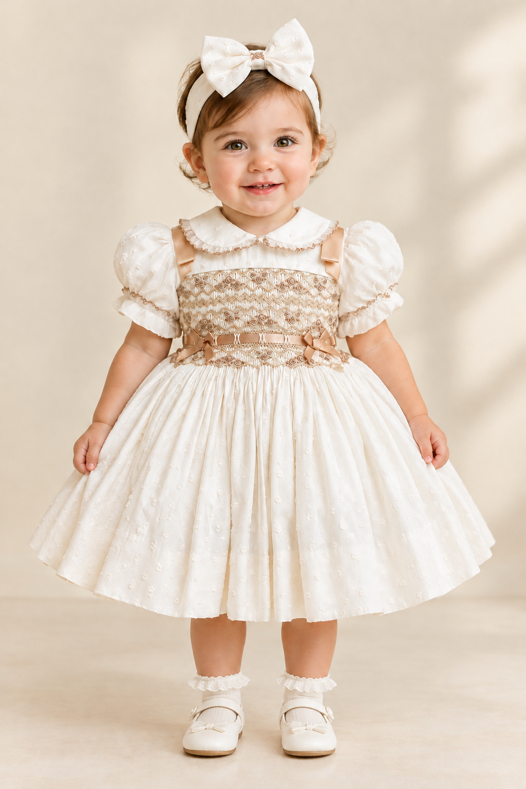 Baby model wearing the ivory dress with matching socks