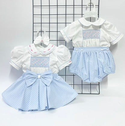 PRE-ORDER&GET NEXT WEEK‼️NEW🤩AUGUSTA BLUE🩵HAND-SMOCKED🧵🪡SKIRT SET AND HAIR BOWS OR HEADBAND 🎀🎀 Baby & Toddler Outfits