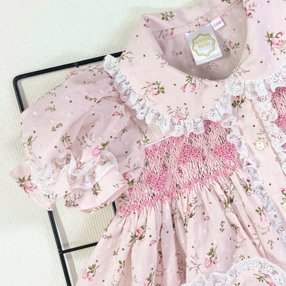 NEW🧚🏻‍♀️Girls FLORAL🌷SWISS DOTS Hand-Smocked 🧵🪡Cotton Nightie Set & Hair Bows🎀🎀