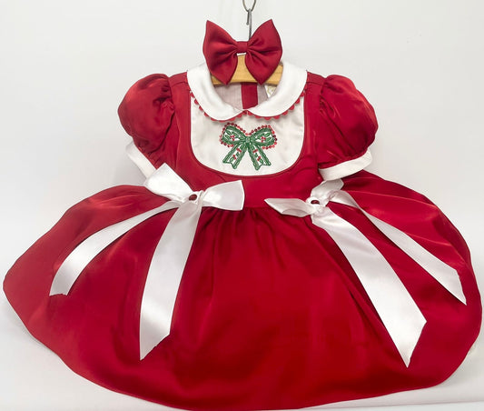 PRE-ORDER‼️NEW🎄LUXURY SILK/SATIN RED♥️HOLLY DRESS & BOWS OR HEADBAND🎀 Baby & Toddler Dresses